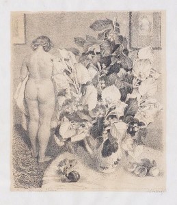 Max Švabinský: Kvetoucí lípa a ženský akt, 1952, litografie na papíře, 24,2 x 20,3 cm, cena: 4 200 Kč (nevydraženo), Galerie Vltavín  15, 6. 2017  