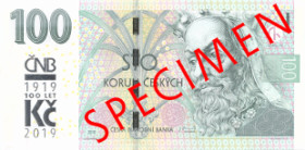 Přetisk na bankovce bude s výročním logem České národní banky, které obsahuje text a letopočty "ČNB" "1919" "100 let" "Kč" "2019".